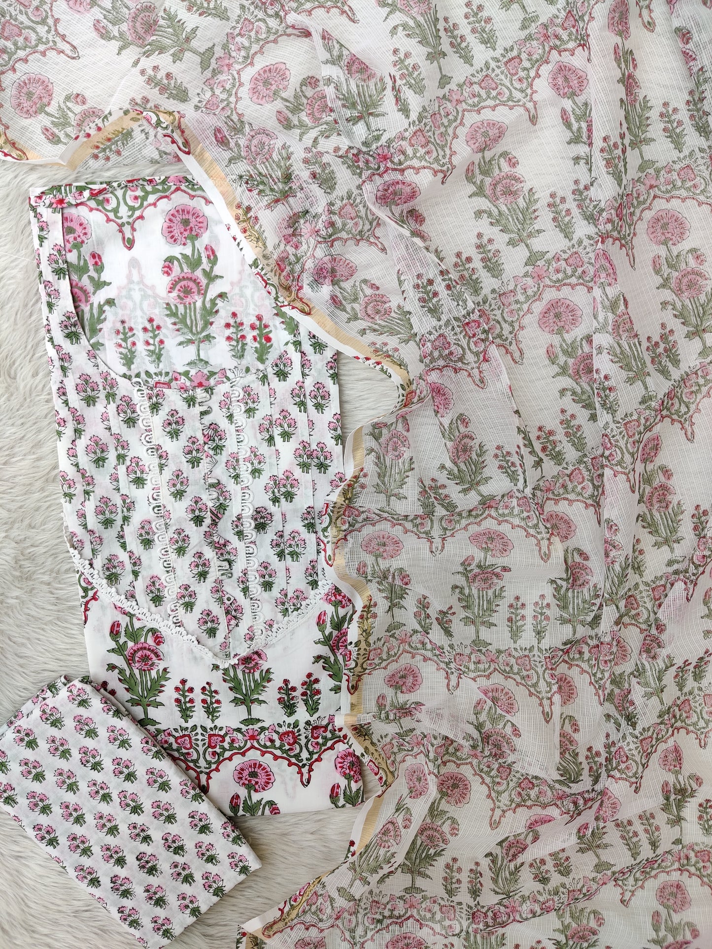 (SALE) HAND BLOCK PRINTED NECK WORK SUITS WITH KOTA DORIA DUPATTA