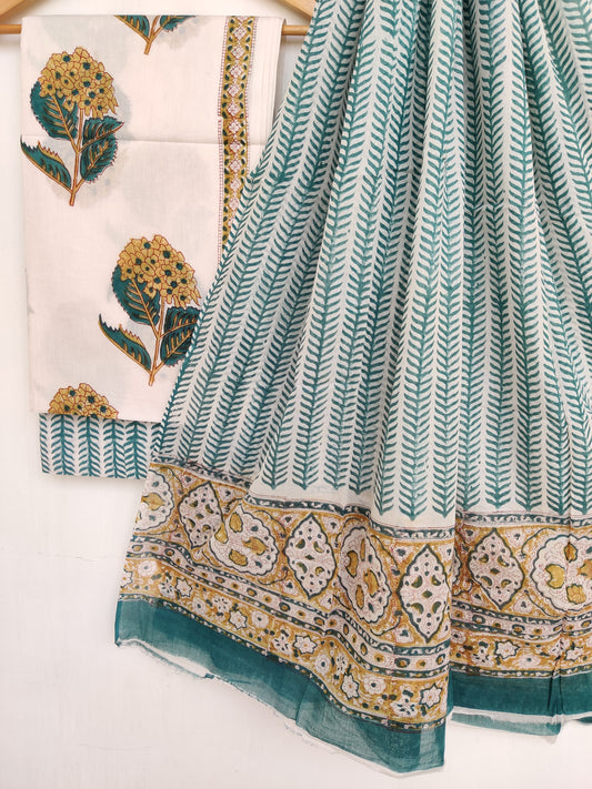 Hand Block Printed Cotton Suit With Mulmul Cotton Dupatta