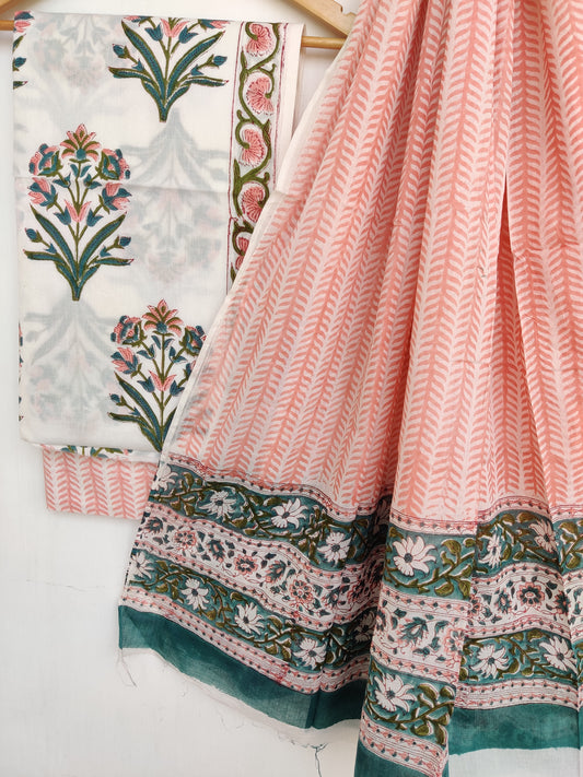 Hand Block Printed Cotton Suit With Mulmul Cotton Dupatta