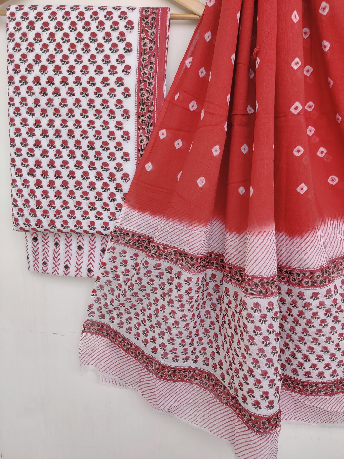 (SALE) Hand Block Printed Cotton Suit With Mulmul Bandhej Dupatta