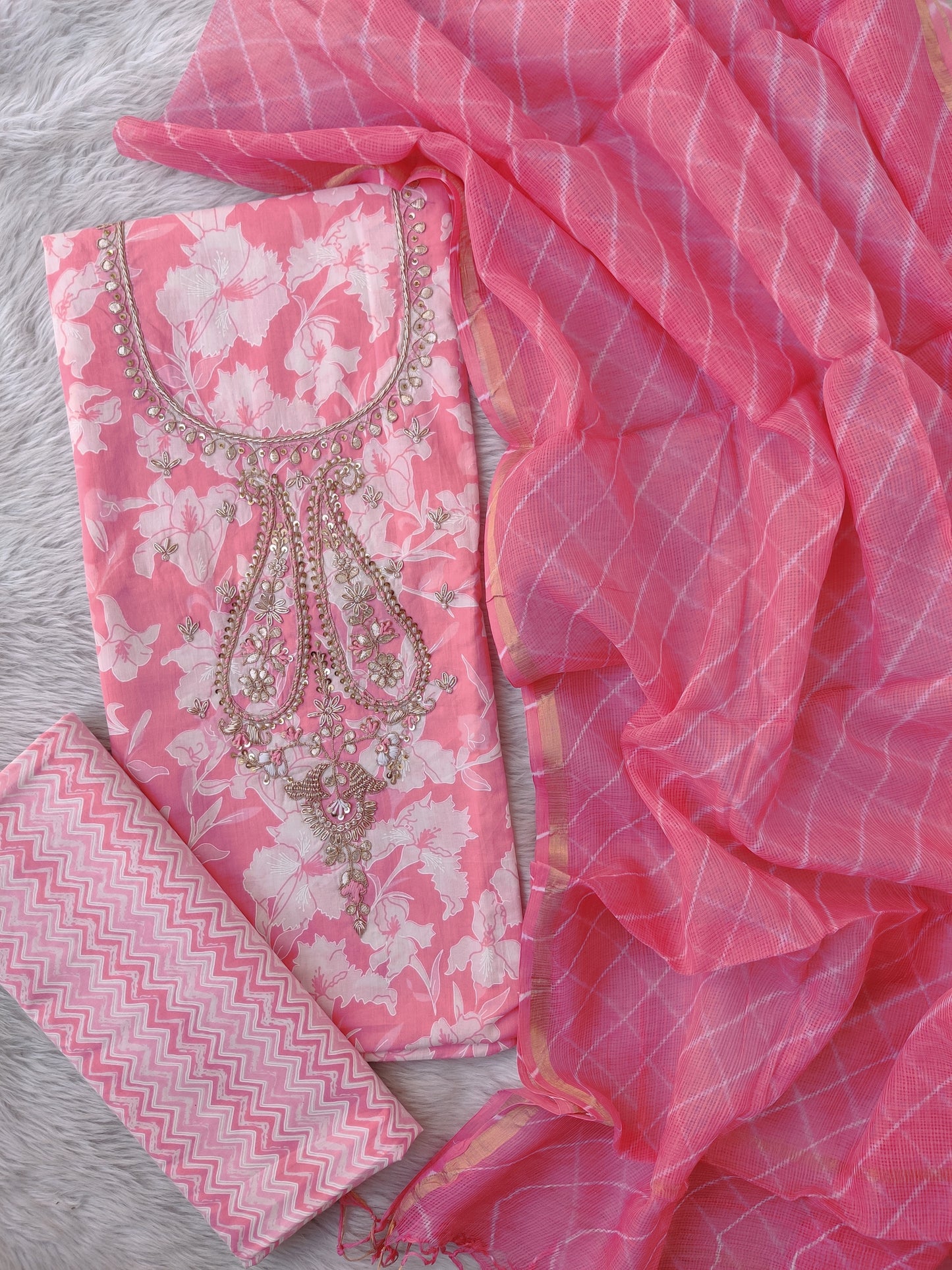 (SALE) JAIPURI PRINTED GOTA PATTI NECK WORK SUITS WITH LEHRIYA KOTA DORIA DUPATTA