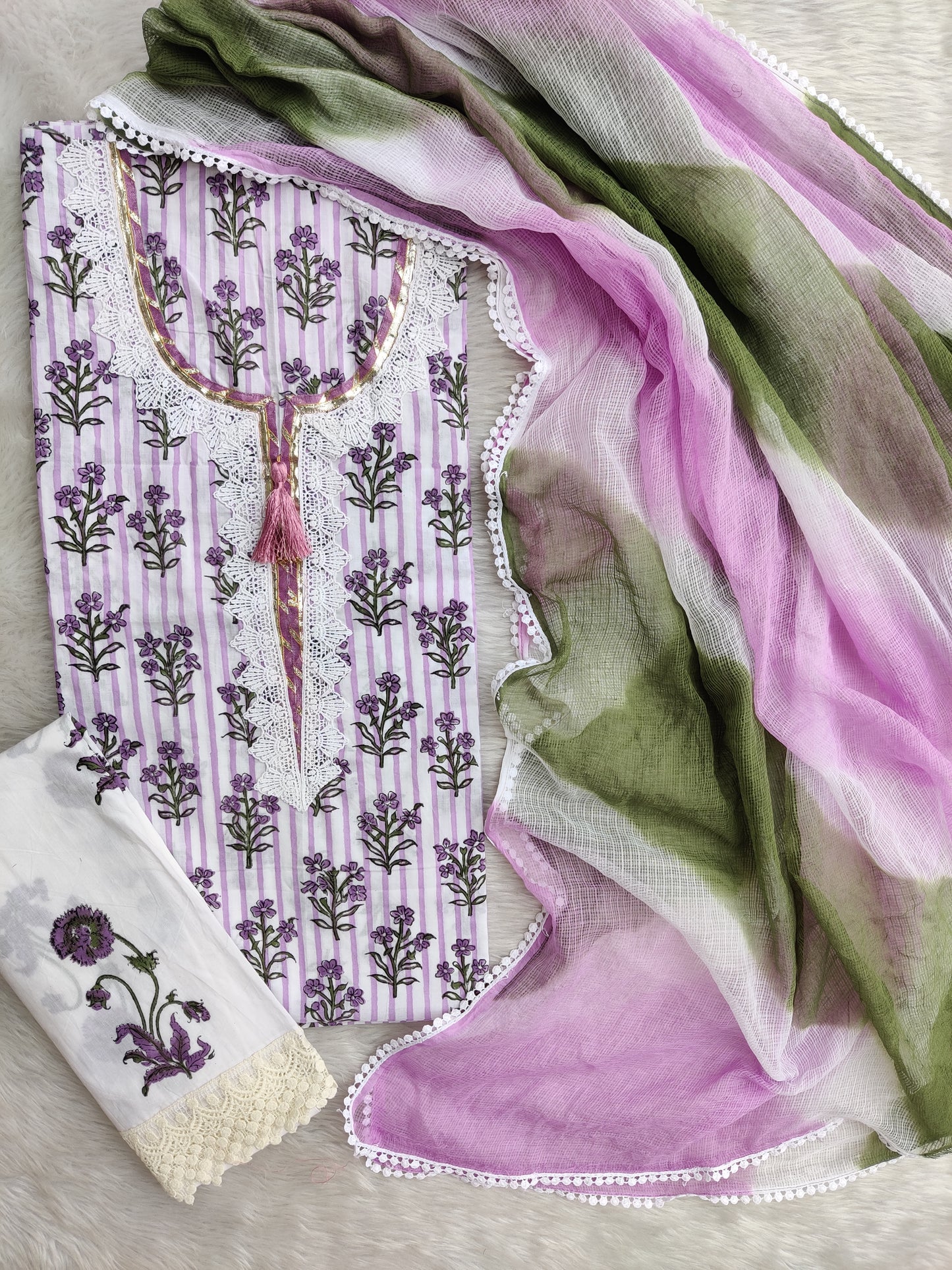 HAND BLOCK PRINTED NECK WORK SUITS WITH KOTA DORIA DUPATTA