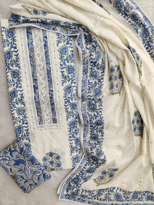 Exclusive Unstitched Cotton Suit with Mulmul Embroidery Dupatta