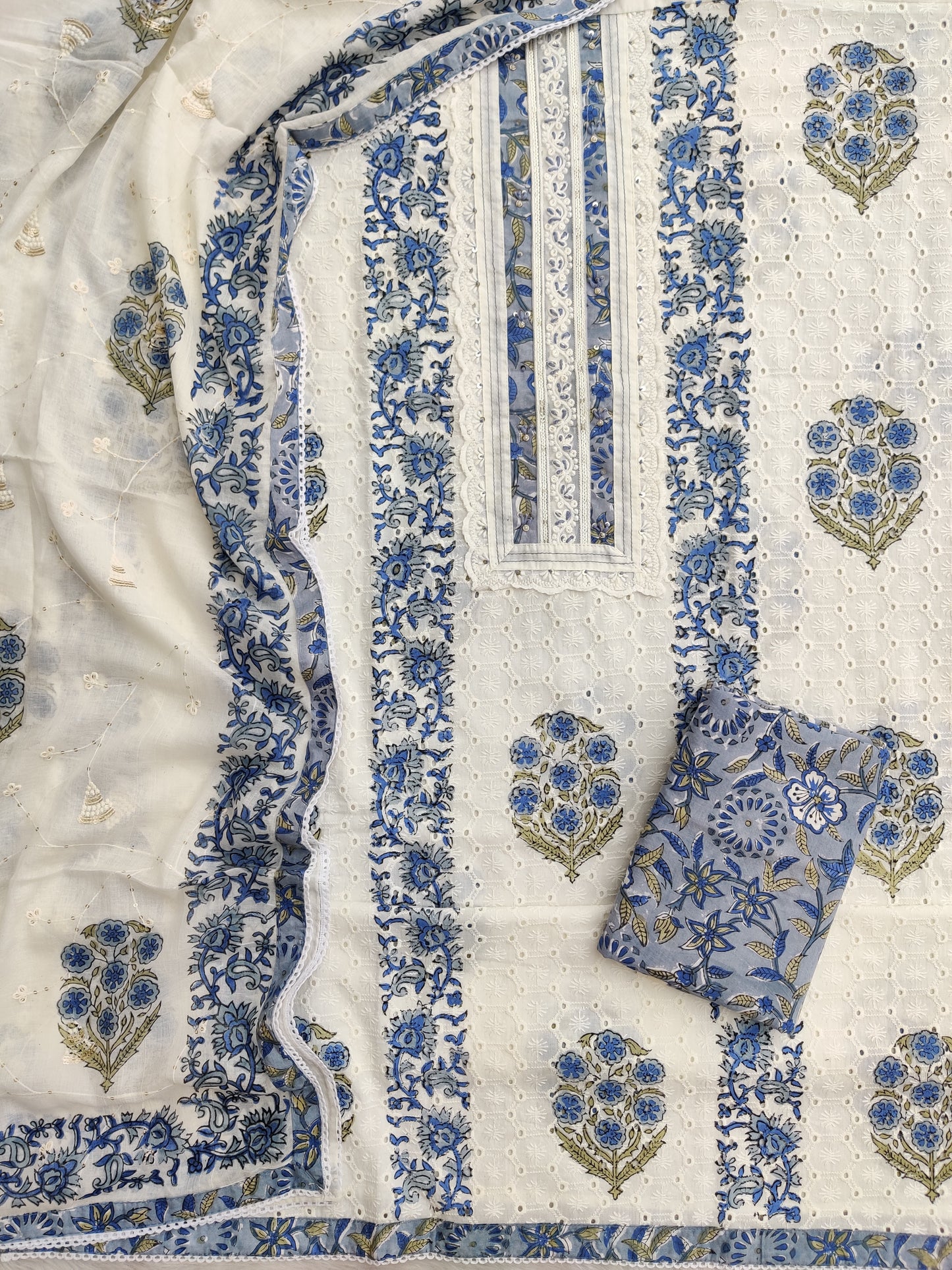 Exclusive Unstitched Cotton Suit with Mulmul Embroidery Dupatta