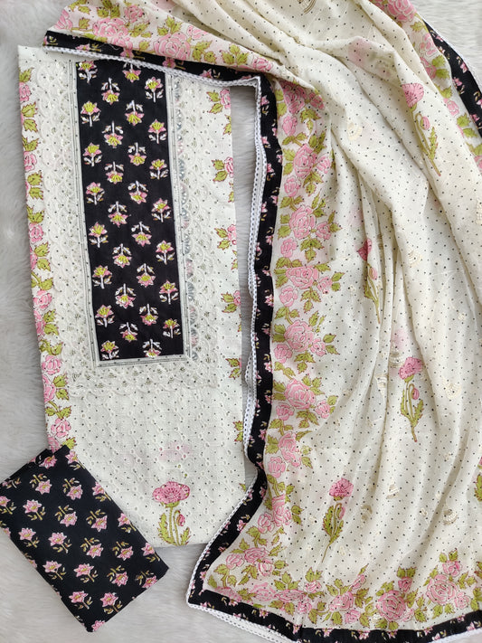 Exclusive Unstitched Cotton Suit with Mulmul Embroidery Dupatta