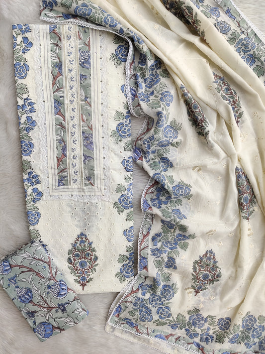 Exclusive Unstitched Cotton Suit with Mulmul Embroidery Dupatta