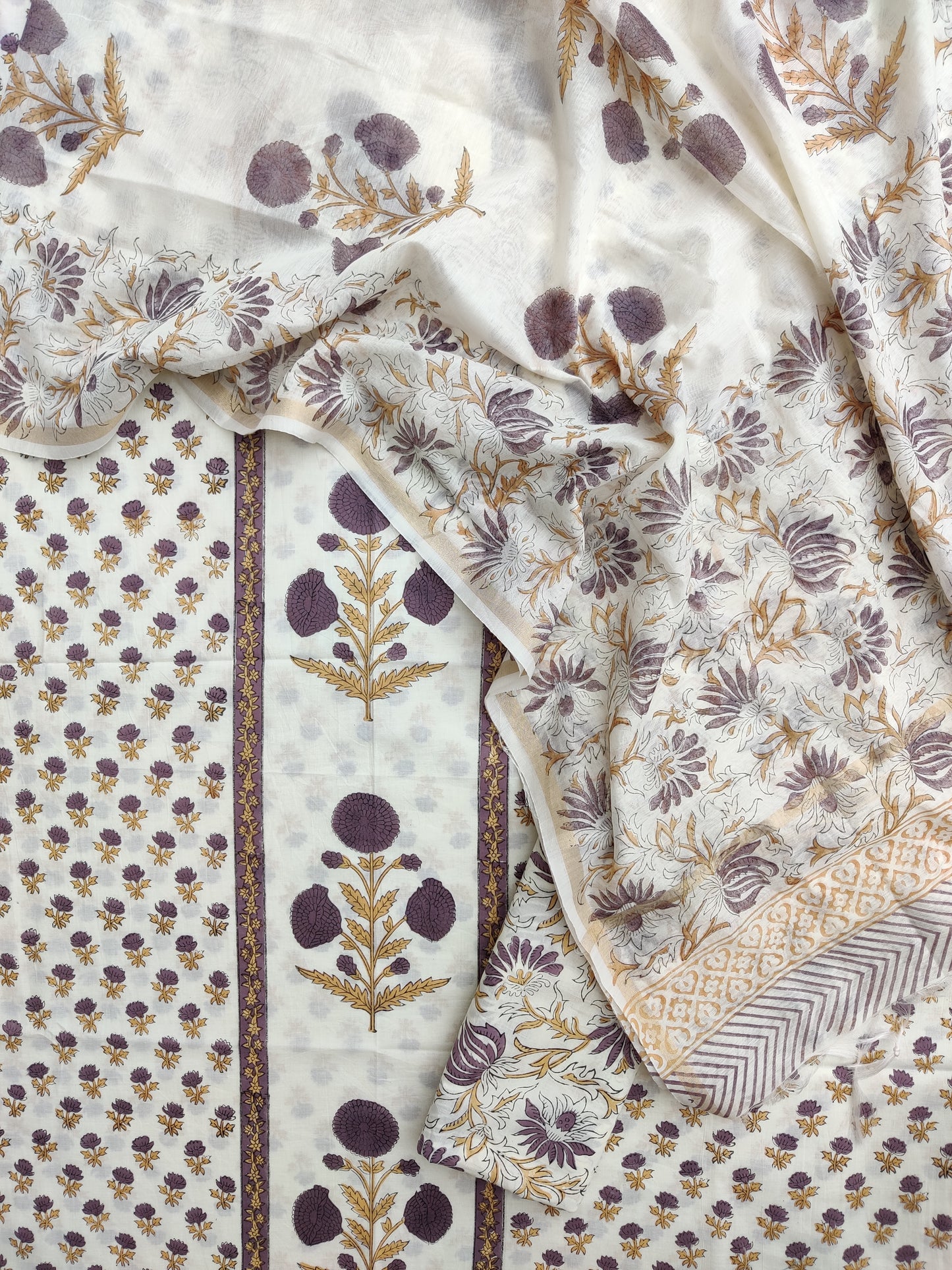 PANEL Hand Block Printed Cotton Suit with Mul Chanderi Dupatta
