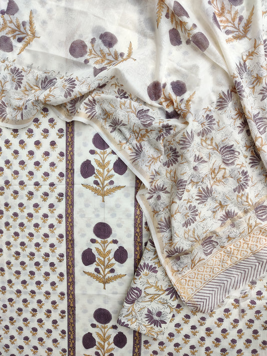 PANEL Hand Block Printed Cotton Suit with Mul Chanderi Dupatta