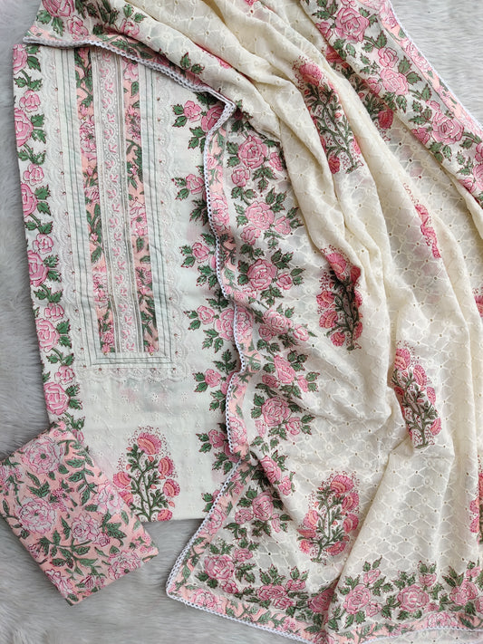 Exclusive Unstitched Cotton Suit with Mulmul Embroidery Dupatta