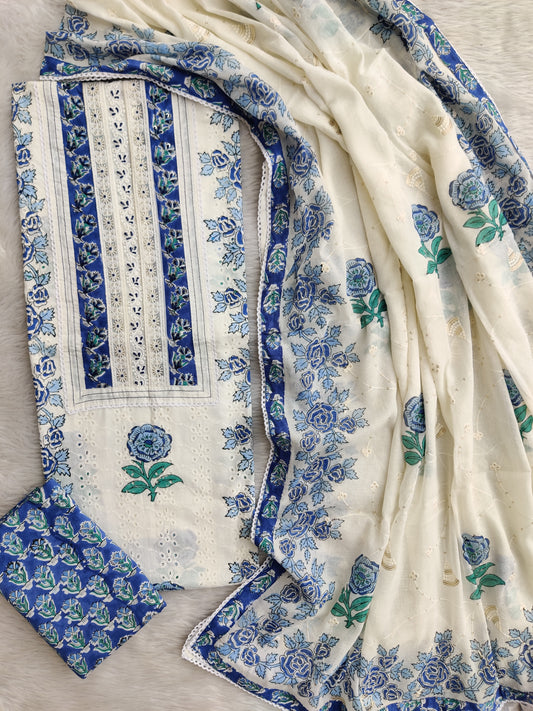 Exclusive Unstitched Cotton Suit with Mulmul Embroidery Dupatta