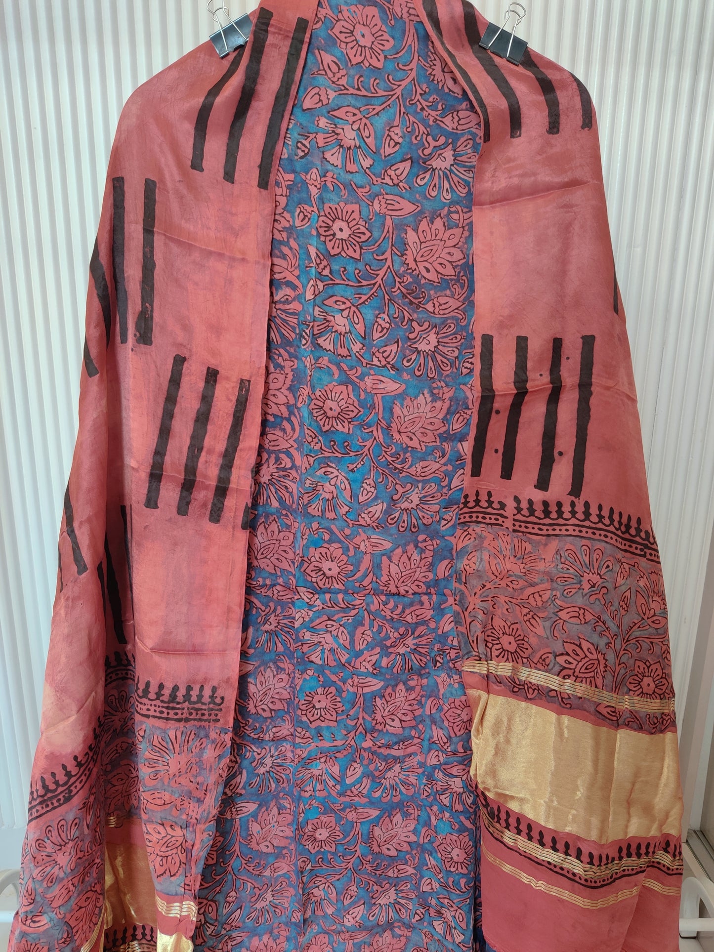 (NASHPAL) Hand Block Printed Modal Silk TOP with Modal Silk Lagdi Patta Dupatta (NO BOTTOM)