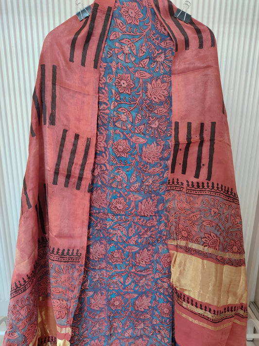 (NASHPAL) Hand Block Printed Modal Silk TOP with Modal Silk Lagdi Patta Dupatta (NO BOTTOM)