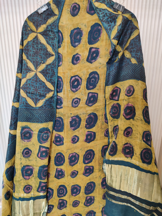 (NASHPAL) Hand Block Printed Modal Silk TOP with Modal Silk Lagdi Patta Dupatta (NO BOTTOM)