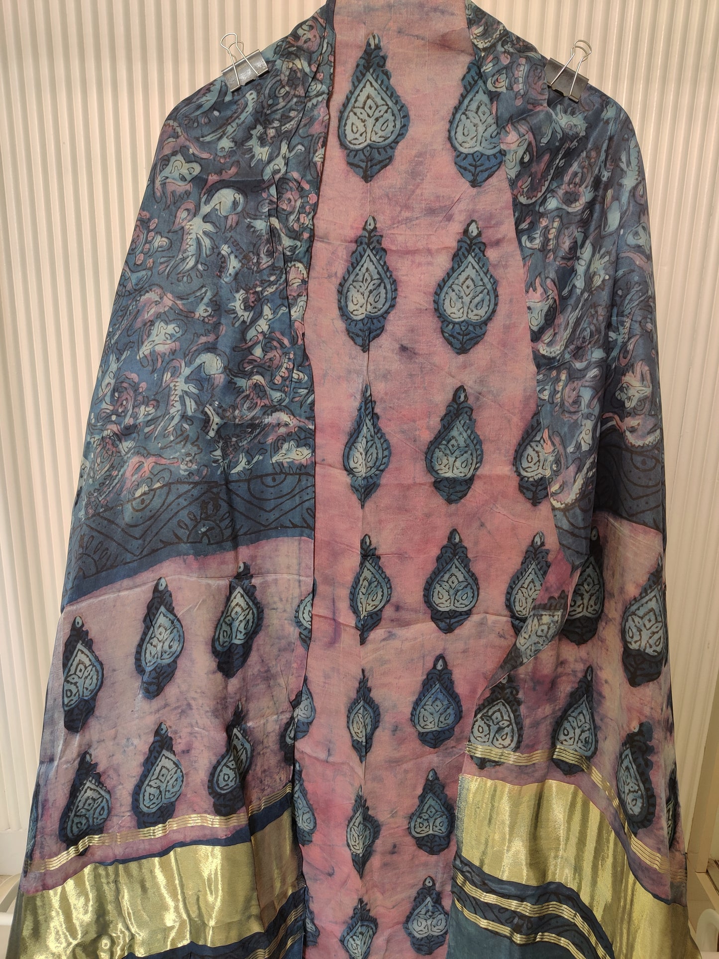 (NASHPAL) Hand Block Printed Modal Silk TOP with Modal Silk Lagdi Patta Dupatta (NO BOTTOM)
