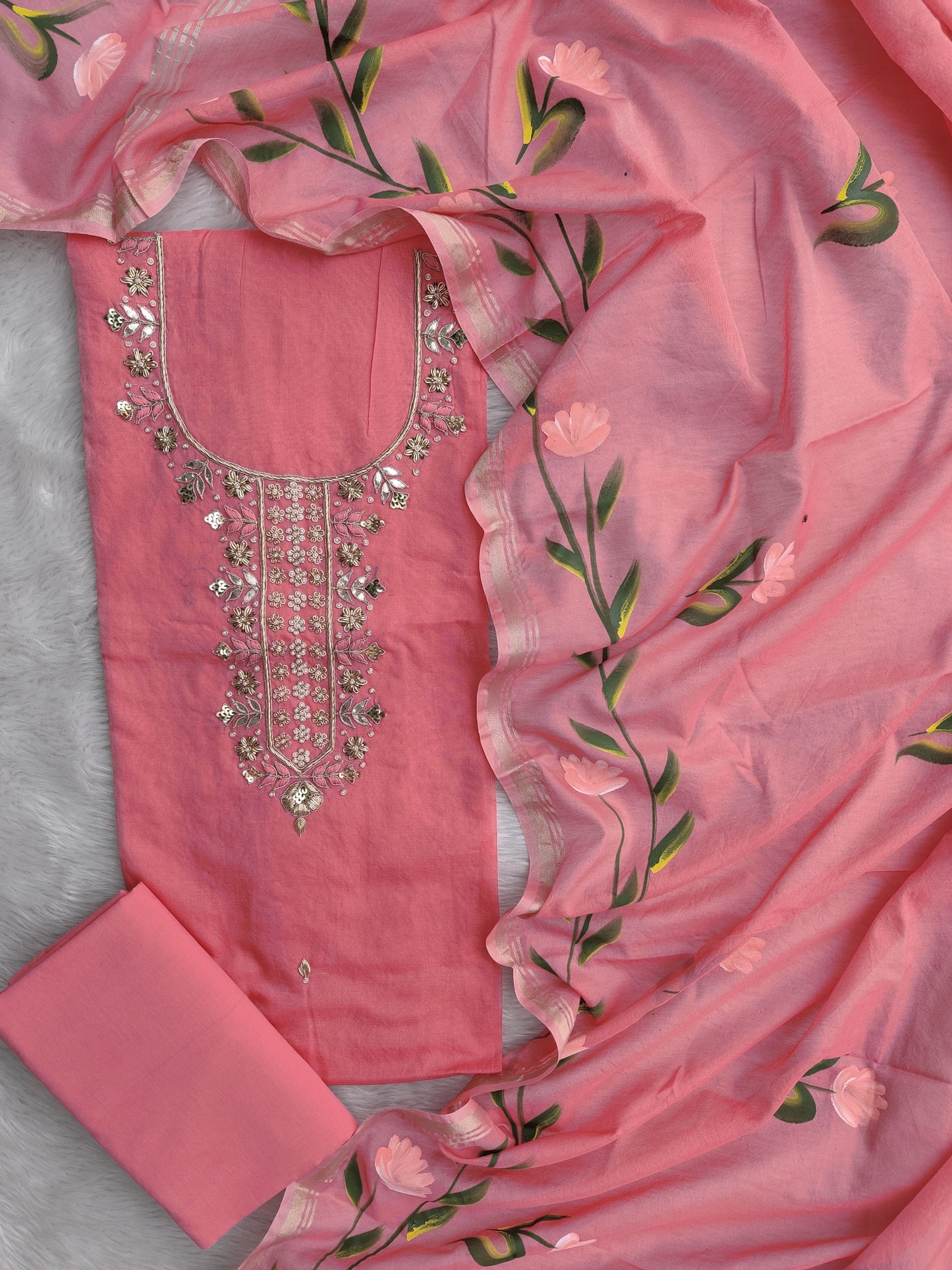 COTTON CHANDERI GOTA PATTI SUIT WITH BRUSH PAINTED COTTON CHANDERI DUPATTA
