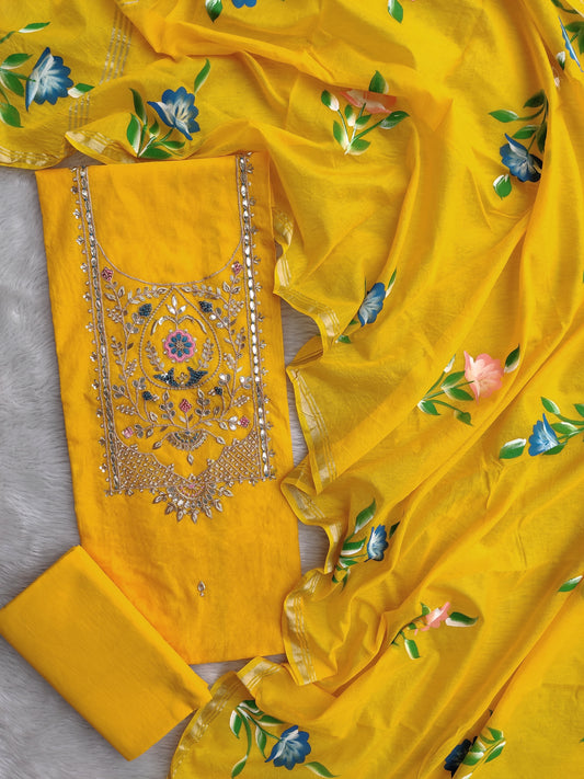 COTTON CHANDERI GOTA PATTI SUIT WITH BRUSH PAINTED COTTON CHANDERI DUPATTA