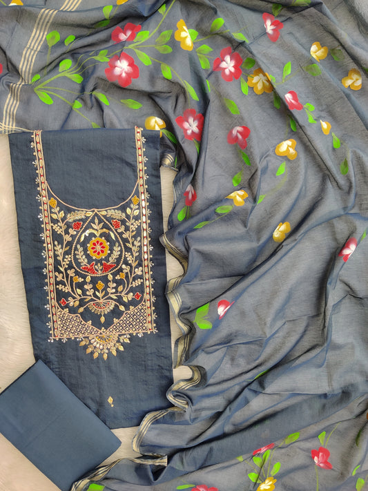COTTON CHANDERI GOTA PATTI SUIT WITH BRUSH PAINTED COTTON CHANDERI DUPATTA