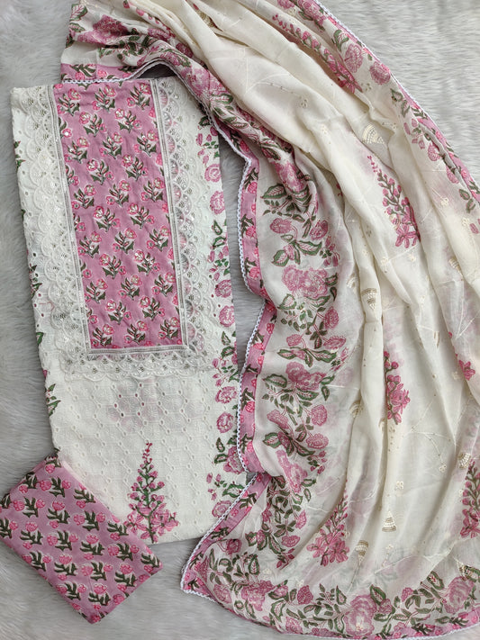 Exclusive Unstitched Cotton Suit with Mulmul Embroidery Dupatta
