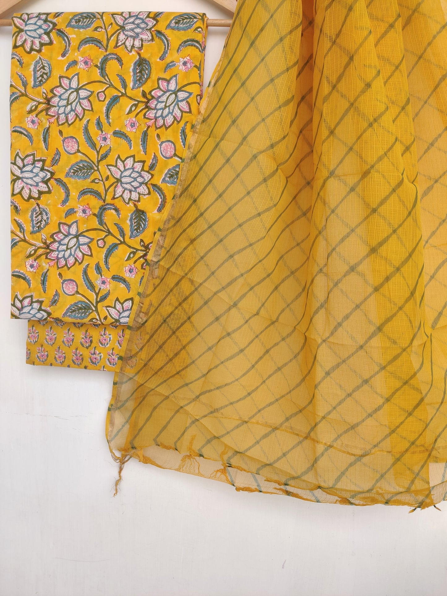 BLOCK PRINTED COTTON SUIT WITH LEHRIYA KOTA DORIA DUPATTA