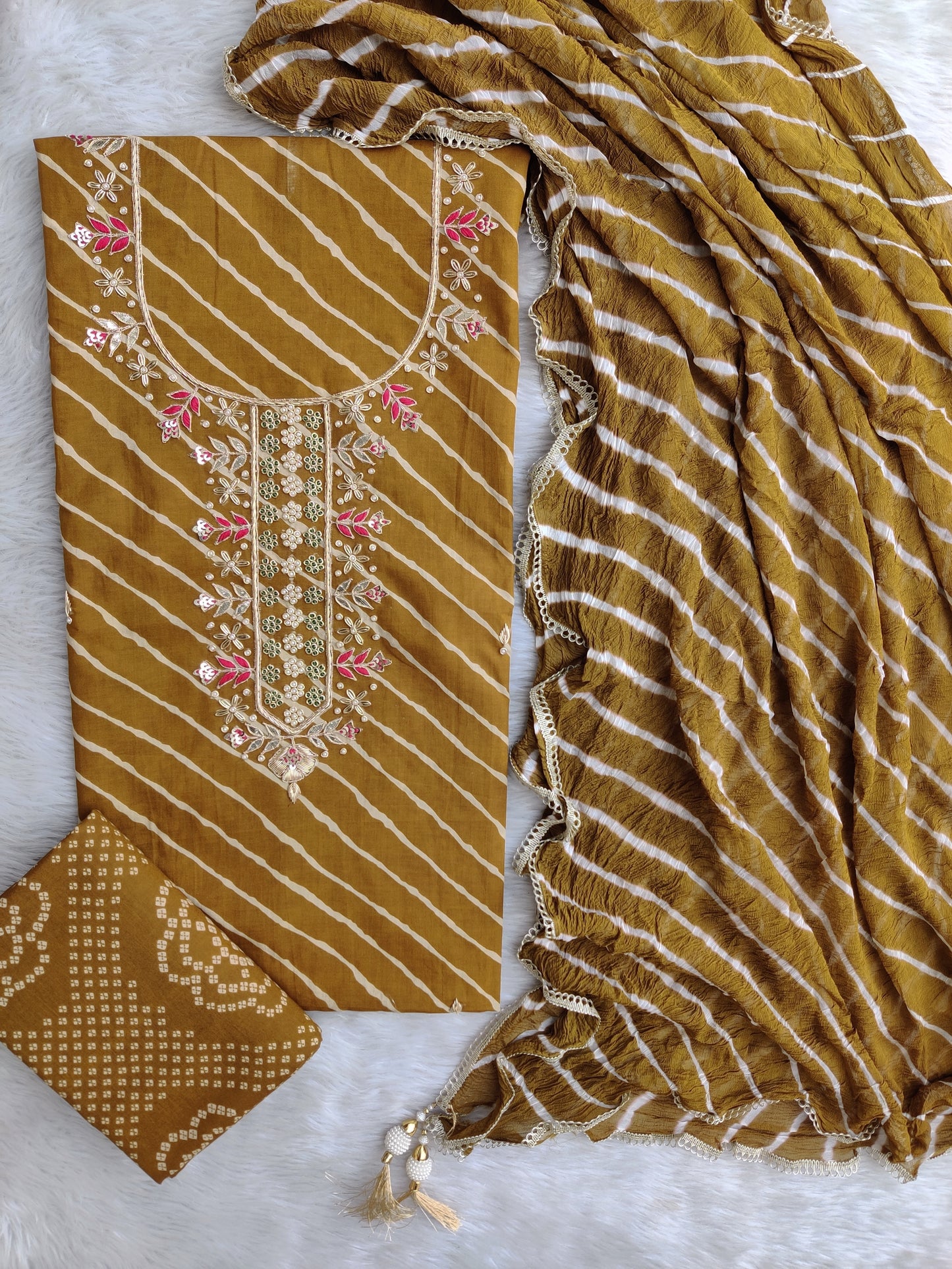 TEEJ SPECIAL LEHRIYA PRINTED COTTON GOTA PATTI SUIT WITH LEHRIYA CHIFFON DUPATTA