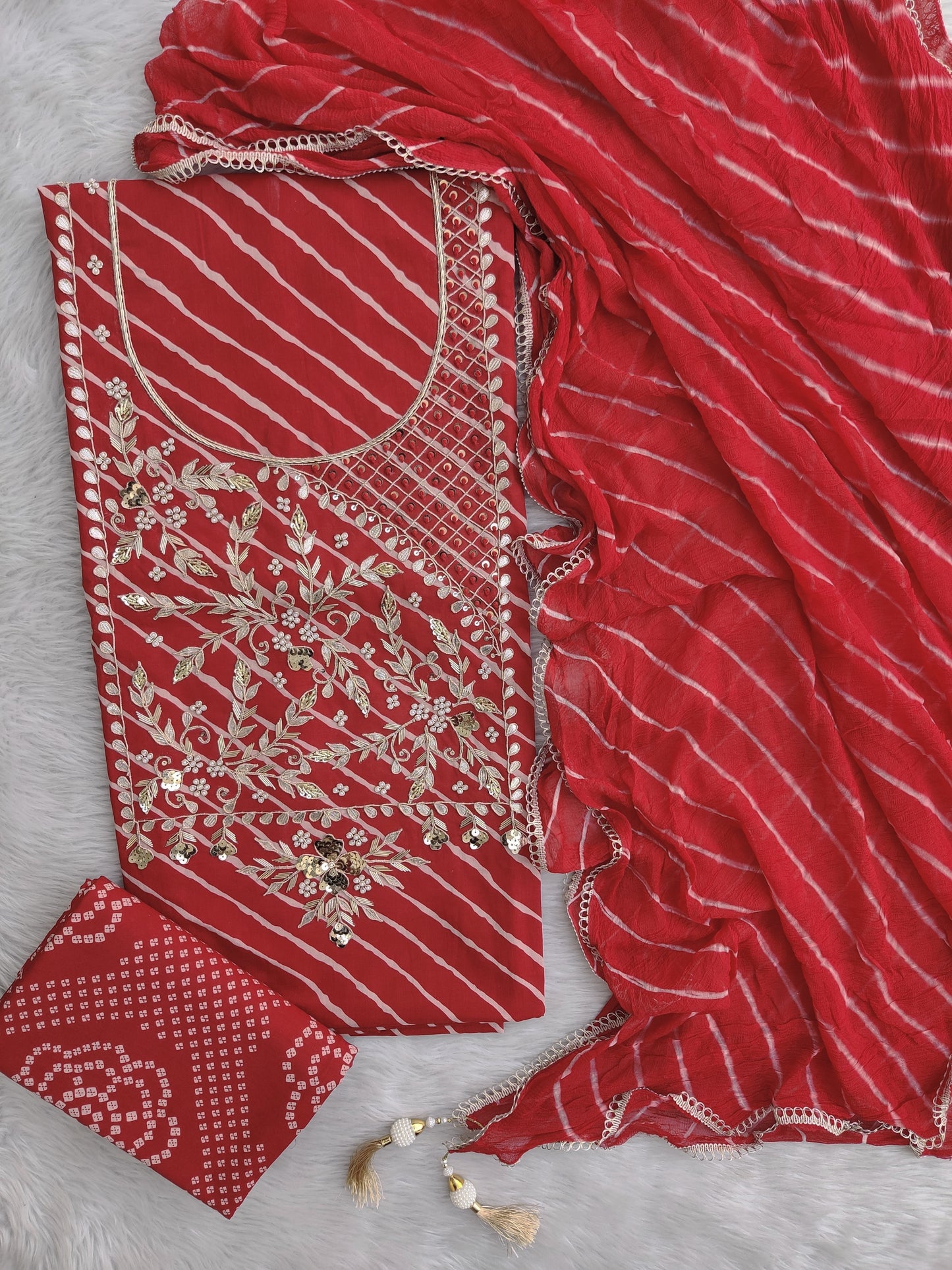 TEEJ SPECIAL LEHRIYA PRINTED COTTON GOTA PATTI SUIT WITH LEHRIYA CHIFFON DUPATTA