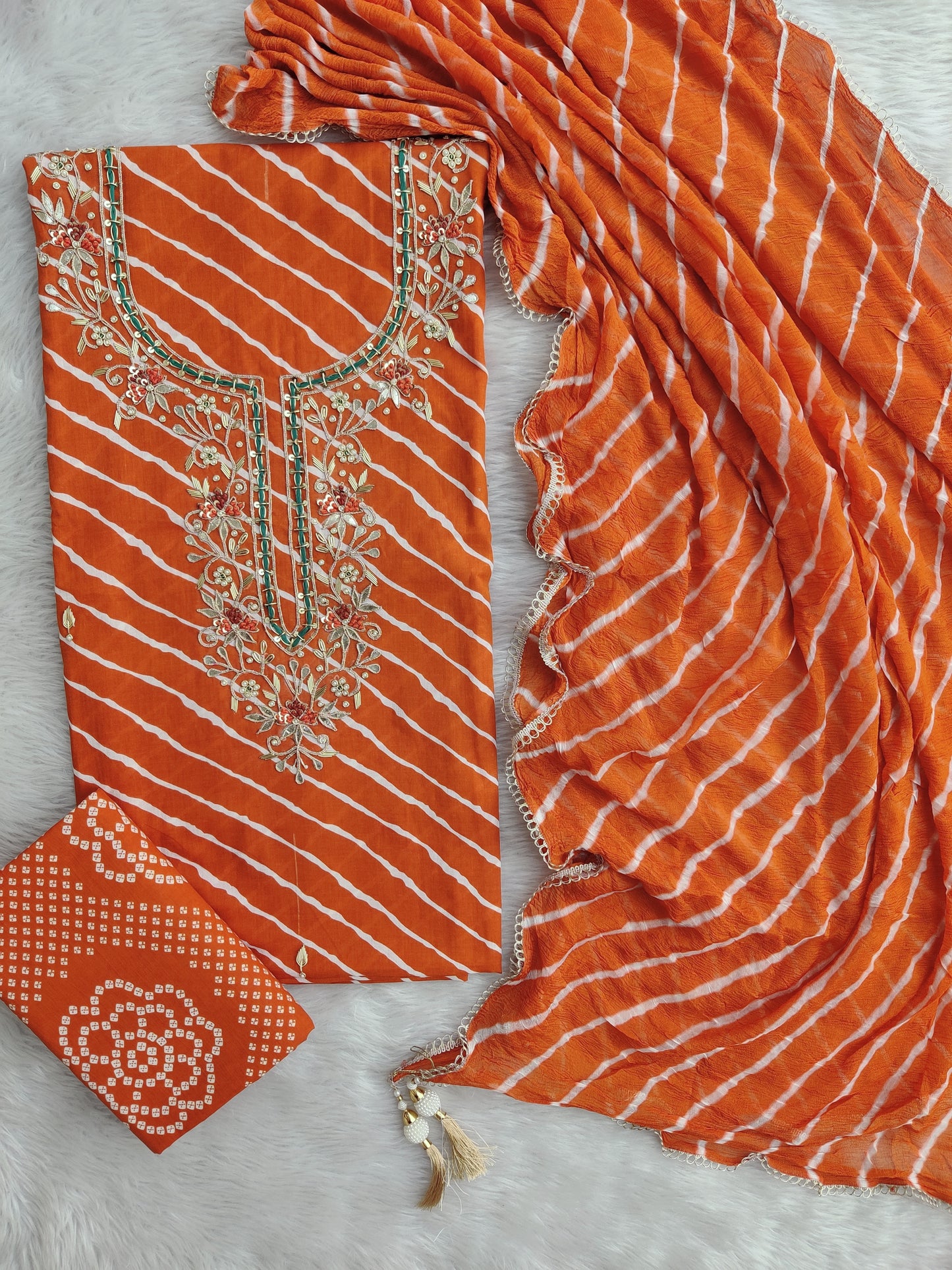 TEEJ SPECIAL LEHRIYA PRINTED COTTON GOTA PATTI SUIT WITH LEHRIYA CHIFFON DUPATTA