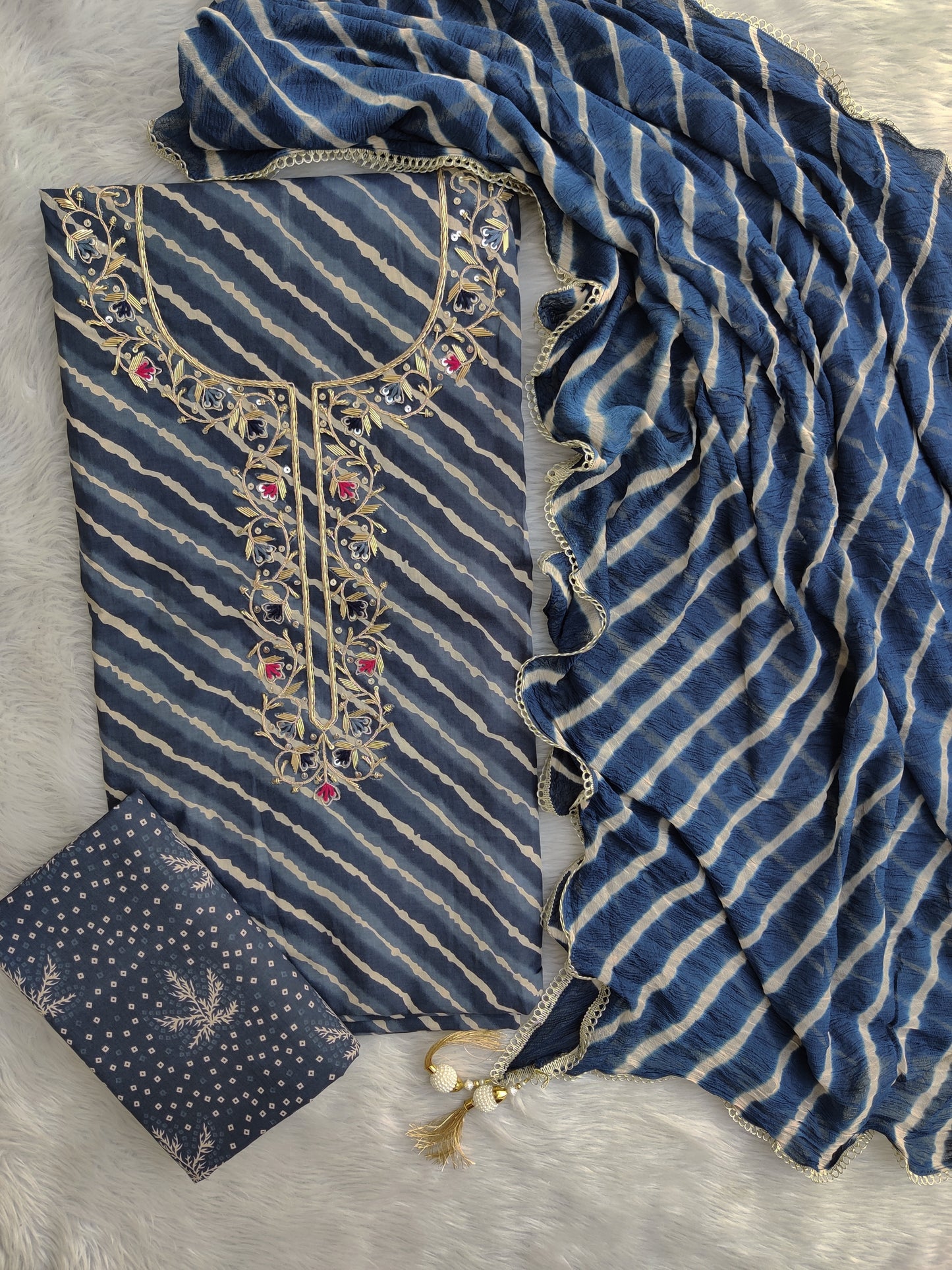 TEEJ SPECIAL LEHRIYA PRINTED COTTON GOTA PATTI SUIT WITH LEHRIYA CHIFFON DUPATTA