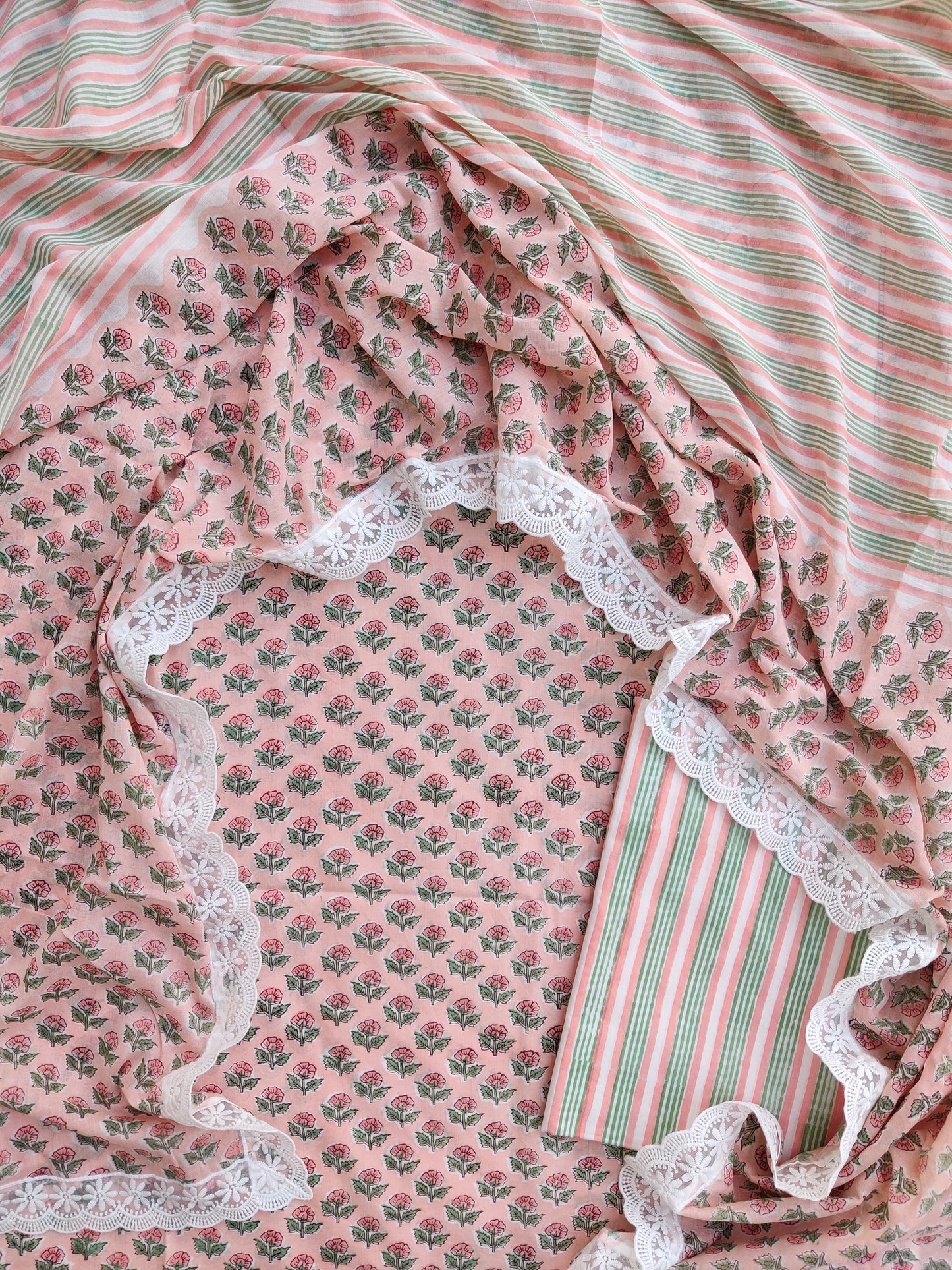 Hand Block Printed Cotton Suit With Lace Work Mulmul Dupatta