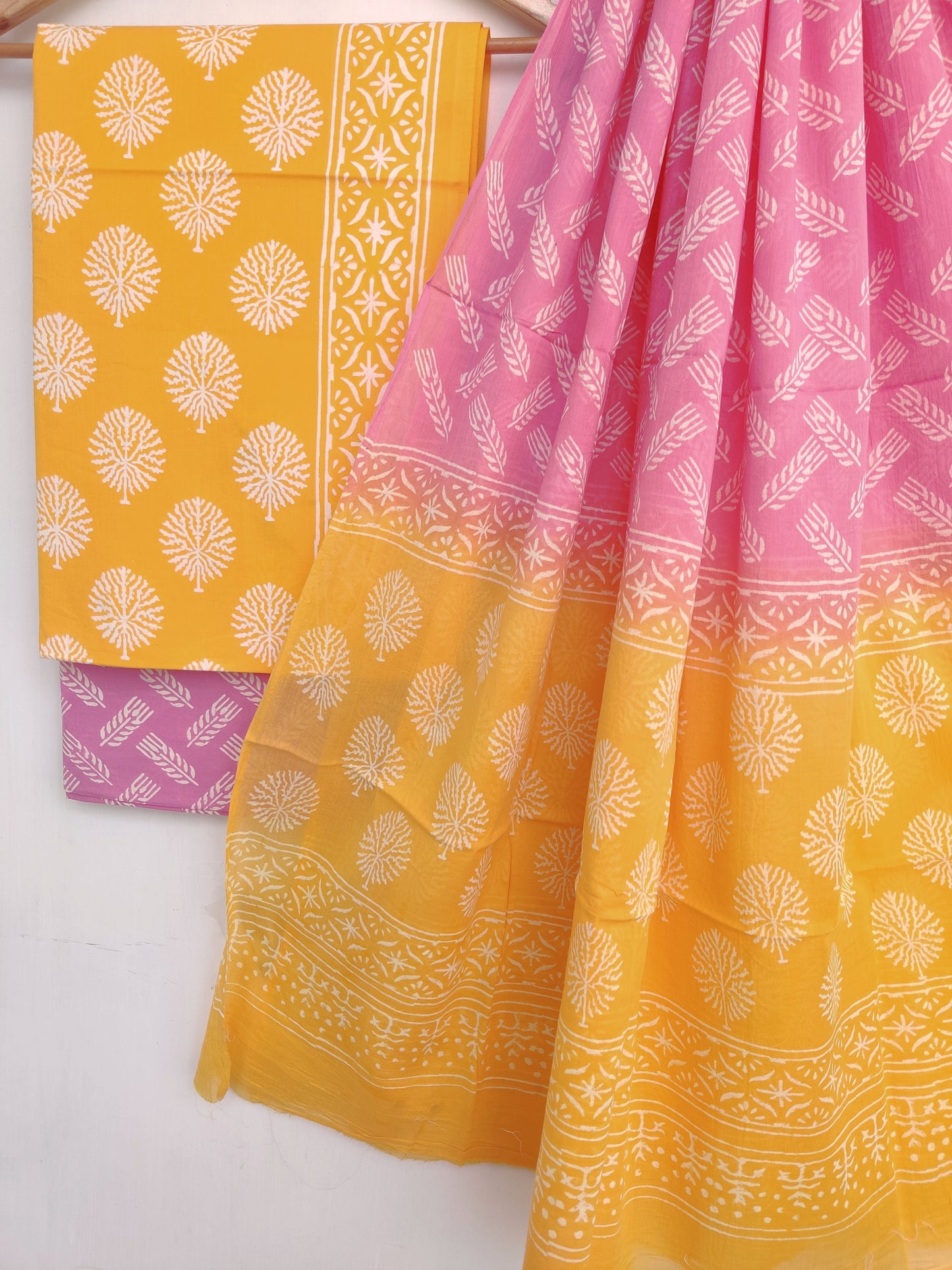 Hand Block Printed Cotton Suit With Mulmul Cotton Dupatta