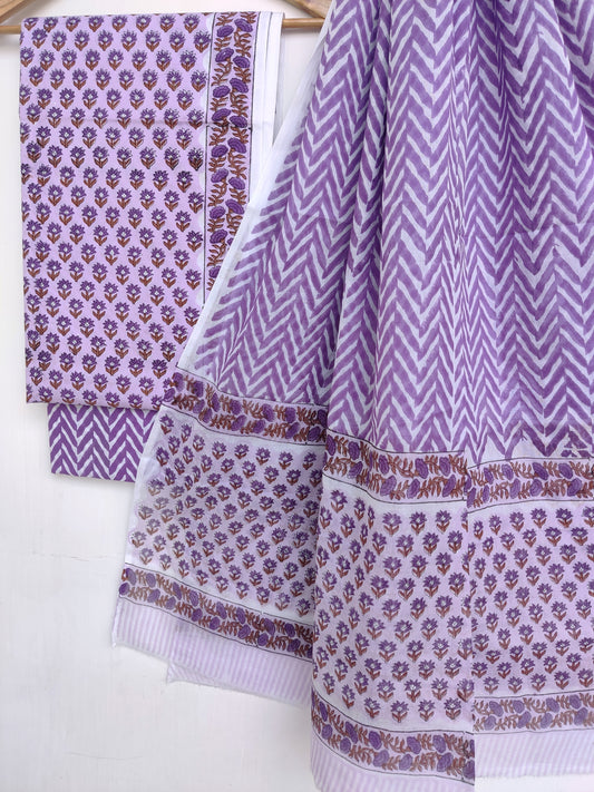 Hand Block Printed Cotton Suit With Mulmul Cotton Dupatta