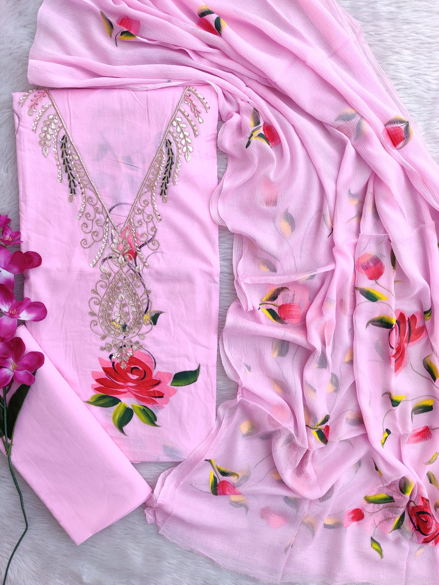 FLORAL PRINTED COTTON GOTA PATTI SUIT WITH CHIFFON DUPATTA