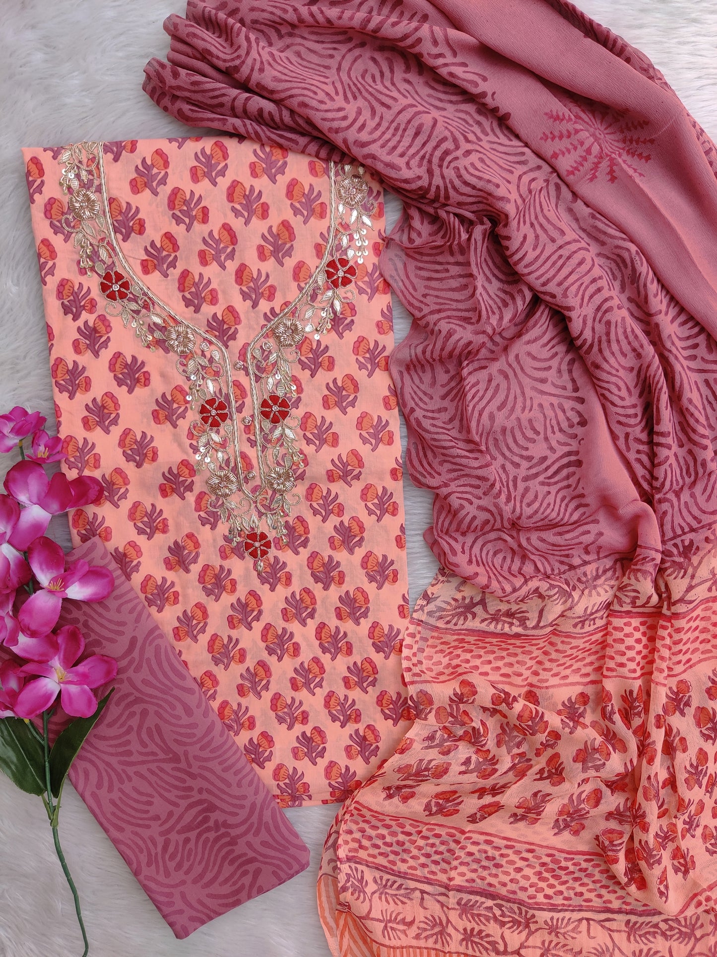 FLORAL PRINTED COTTON GOTA PATTI SUIT WITH CHIFFON DUPATTA
