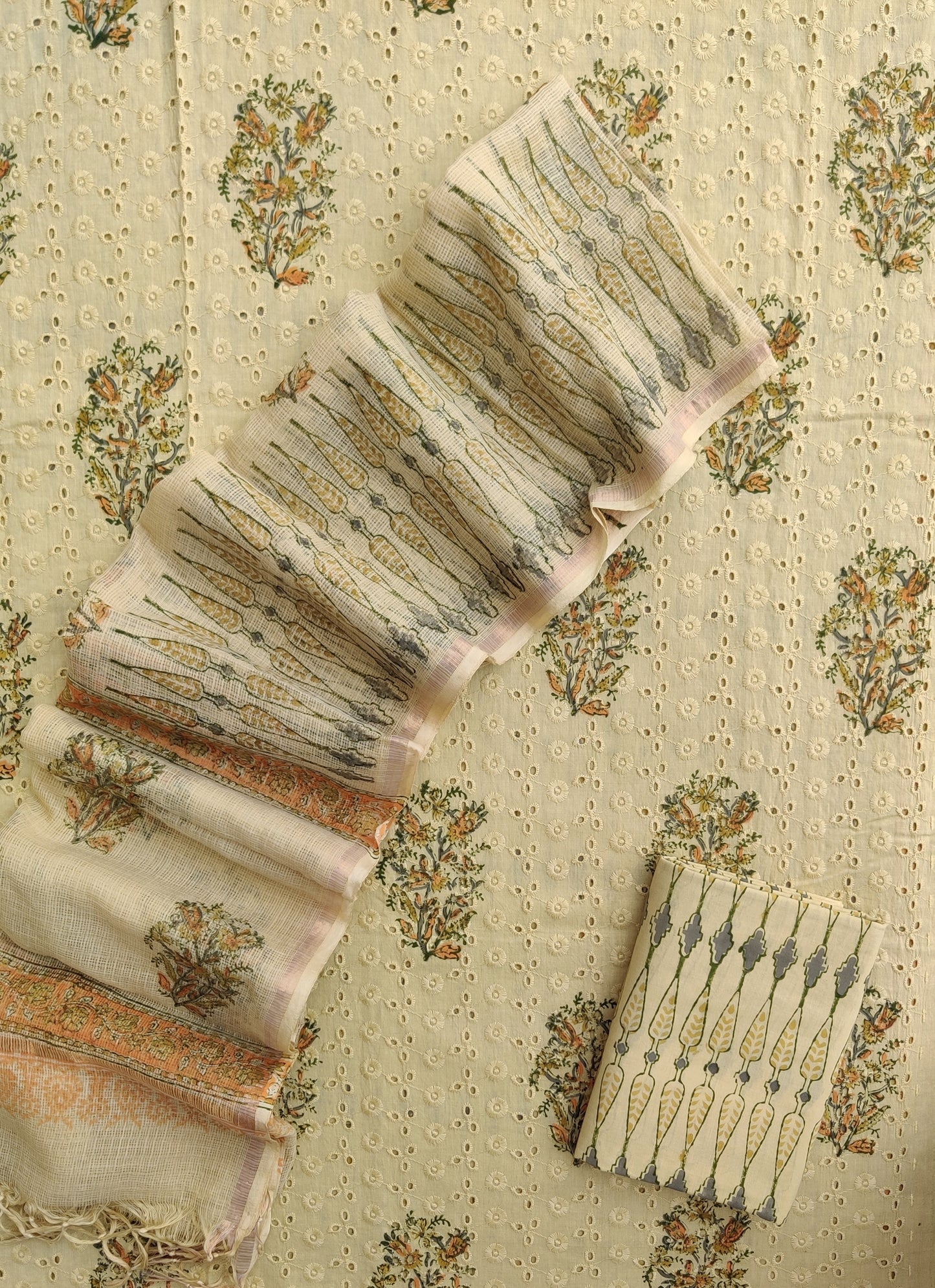 Hand Block Printed Cotton Schiffli Suit with Kota Doria Dupatta
