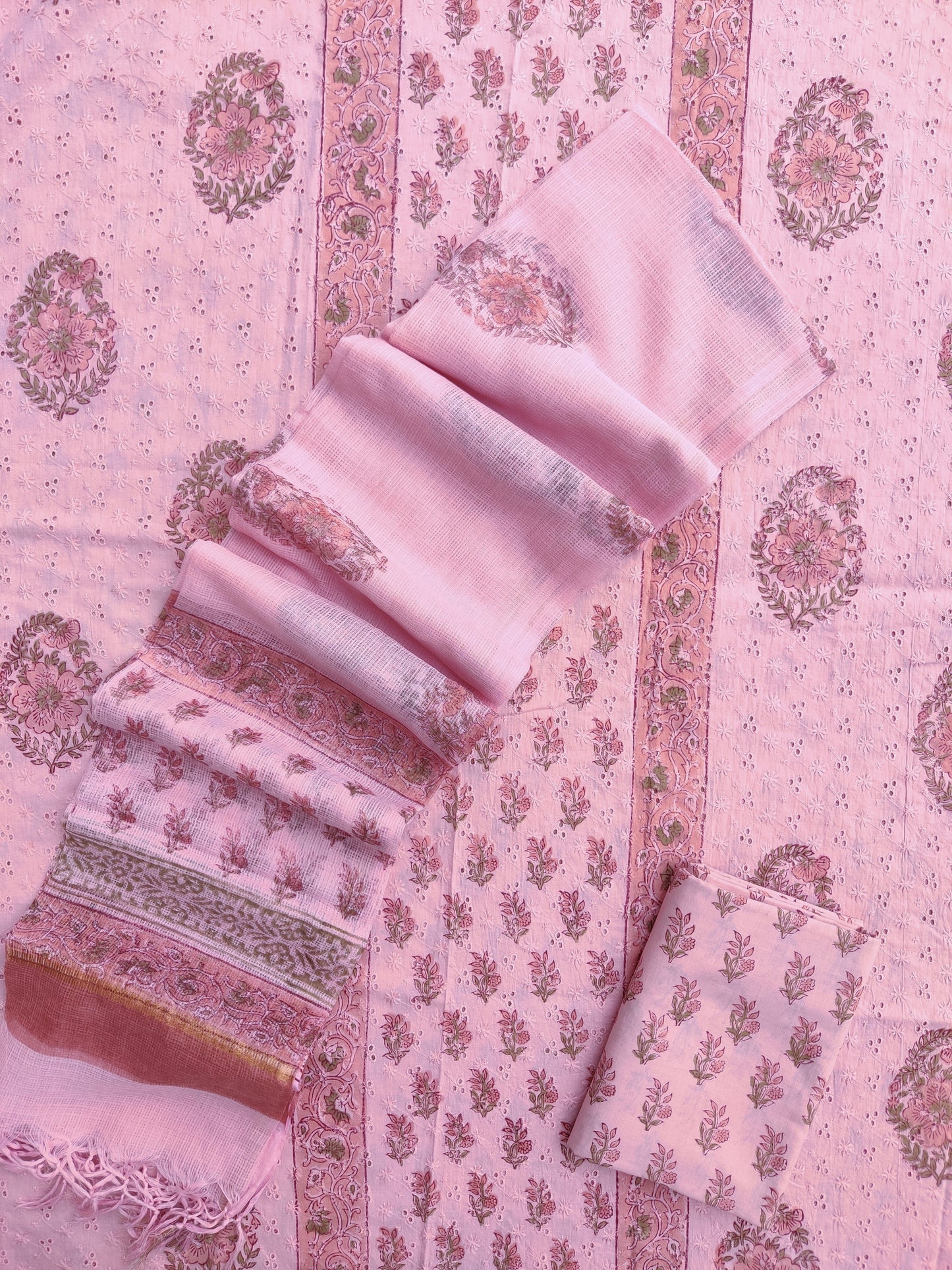 Hand Block Printed Cotton Schiffli Suit with Kota Doria Dupatta