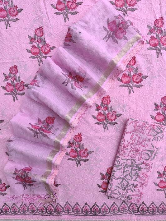 Hand Block Printed Cotton Schiffli Suit with Kota Doria Dupatta