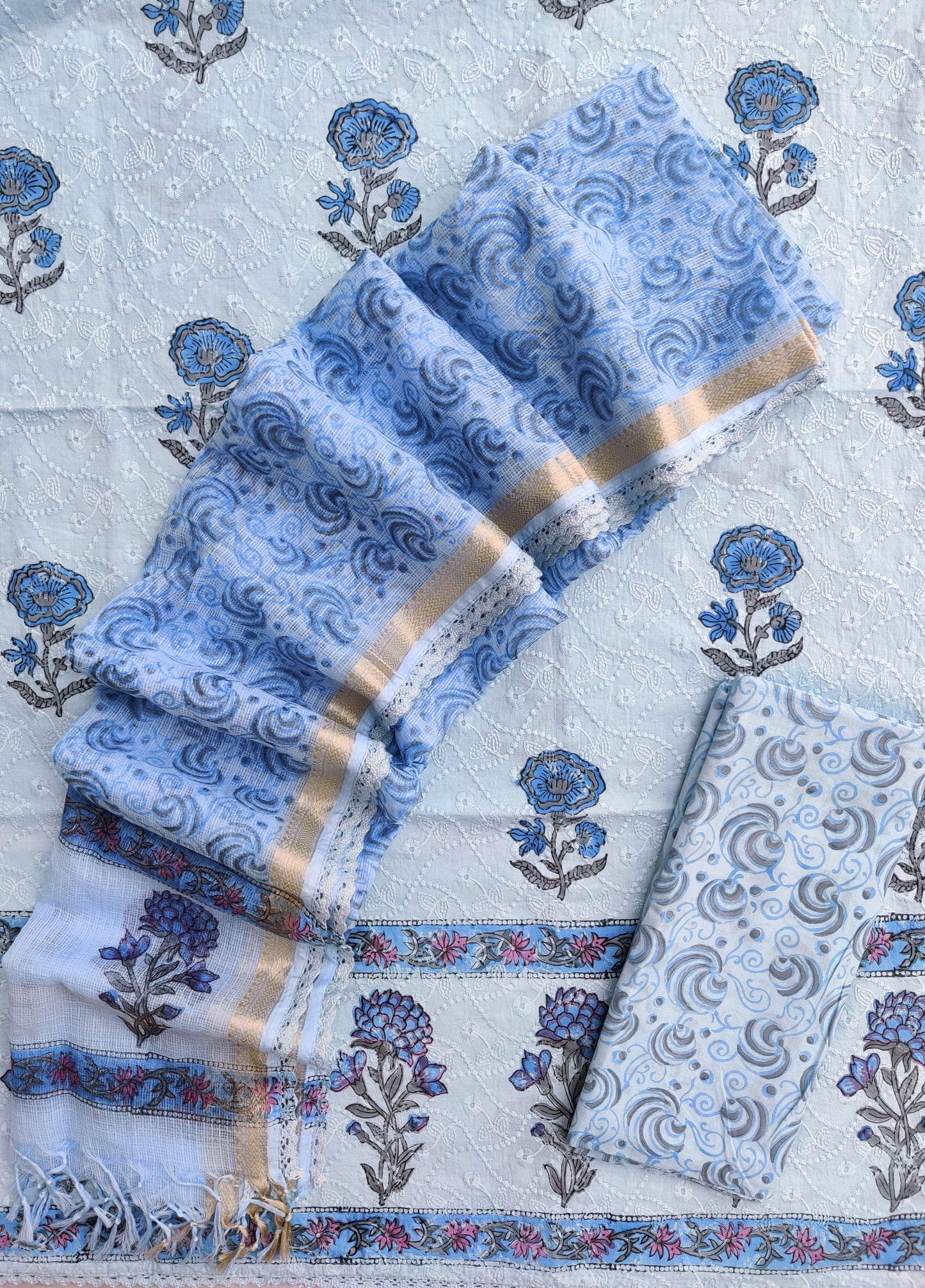 Hand Block Printed Cotton Schiffli Suit with Kota Doria Dupatta