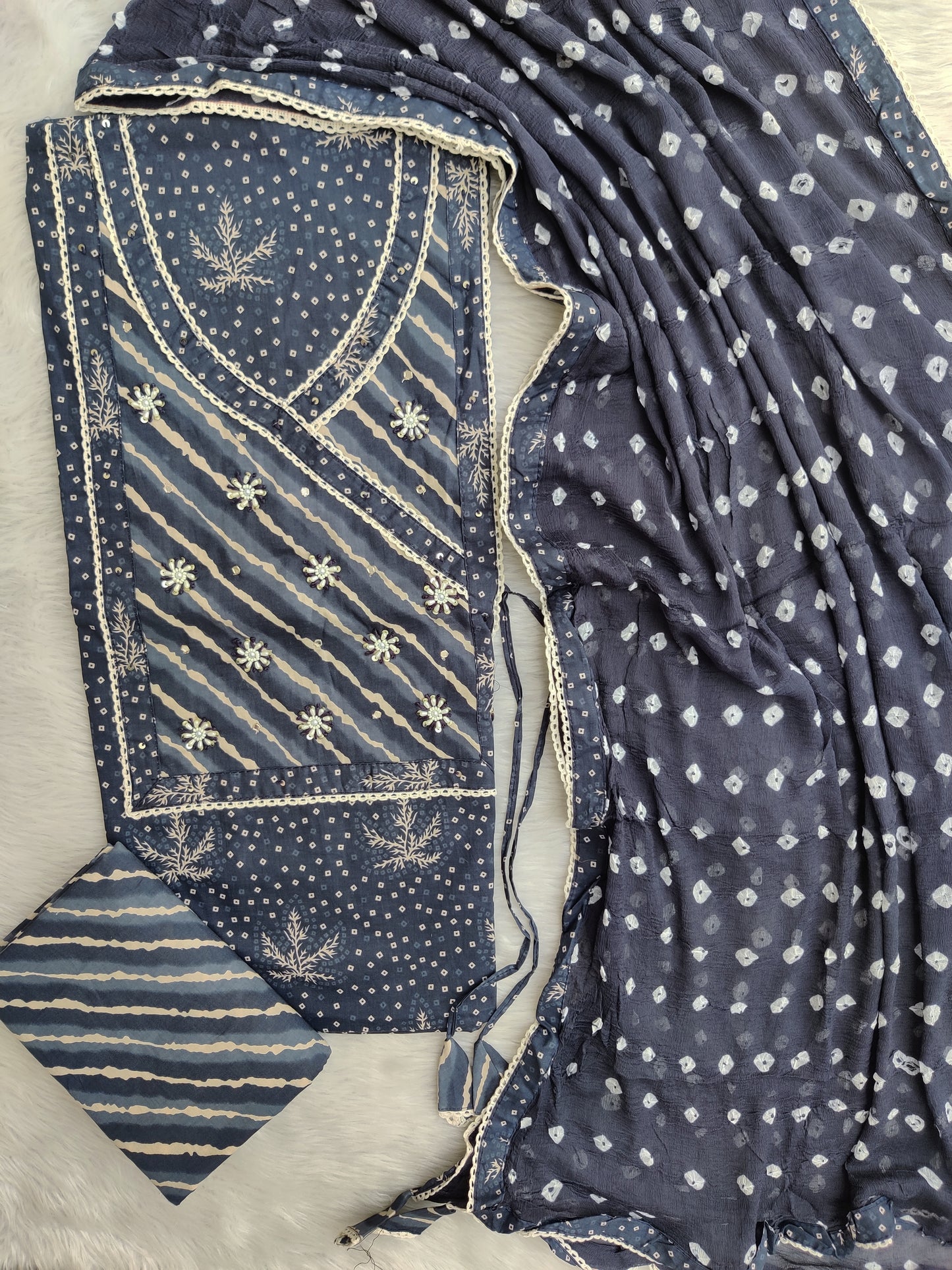 TEEJ SPECIAL LEHRIYA PRINTED COTTON NECK WORK SUIT WITH BANDHEJ CHIFFON DUPATTA