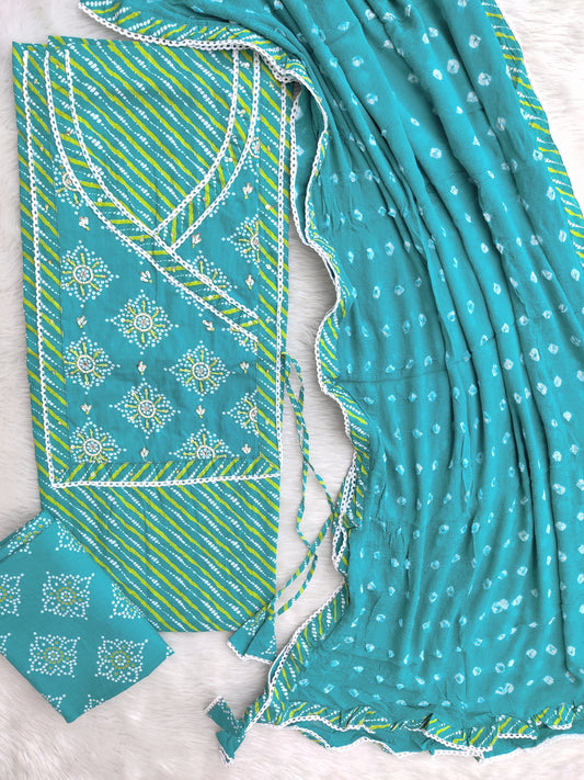 TEEJ SPECIAL LEHRIYA PRINTED COTTON NECK WORK SUIT WITH BANDHEJ CHIFFON DUPATTA