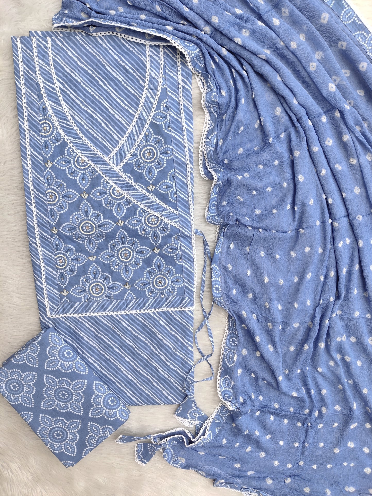 TEEJ SPECIAL LEHRIYA PRINTED COTTON NECK WORK SUIT WITH BANDHEJ CHIFFON DUPATTA