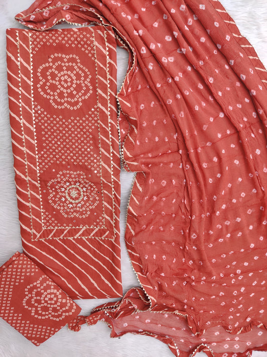 TEEJ SPECIAL LEHRIYA PRINTED COTTON NECK WORK SUIT WITH LEHRIYA CHIFFON DUPATTA