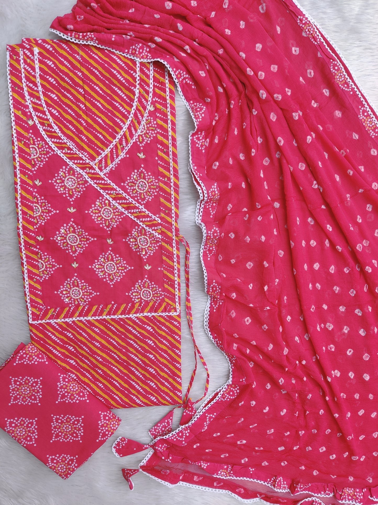 TEEJ SPECIAL LEHRIYA PRINTED COTTON NECK WORK SUIT WITH LEHRIYA CHIFFON DUPATTA
