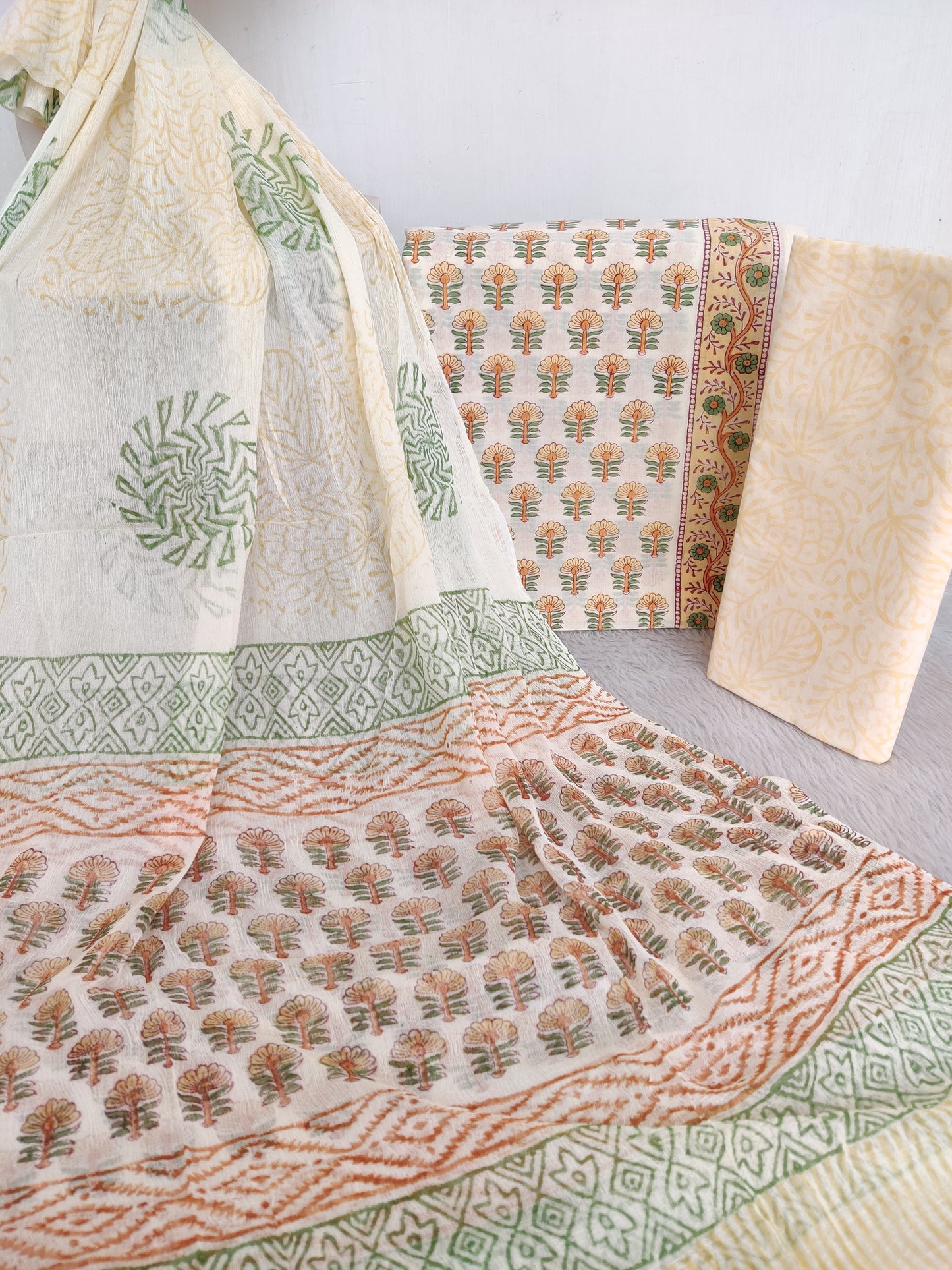 Hand Block Printed Cotton Suit with Pure Chiffon dupatta