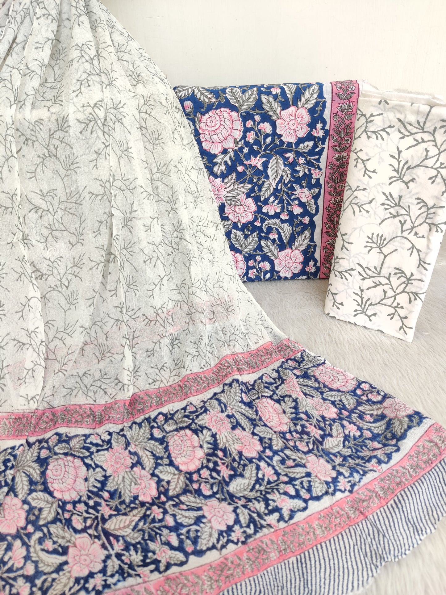 Hand Block Printed Cotton Suit with Pure Chiffon dupatta