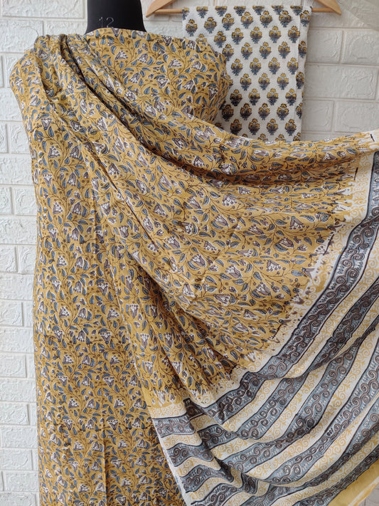 Hand Block Printed Cotton Suit With Mulmul Cotton Dupatta