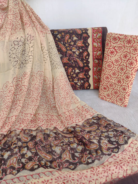 KALAMKARI Hand Block Printed Cotton Suit with Pure Chiffon dupatta