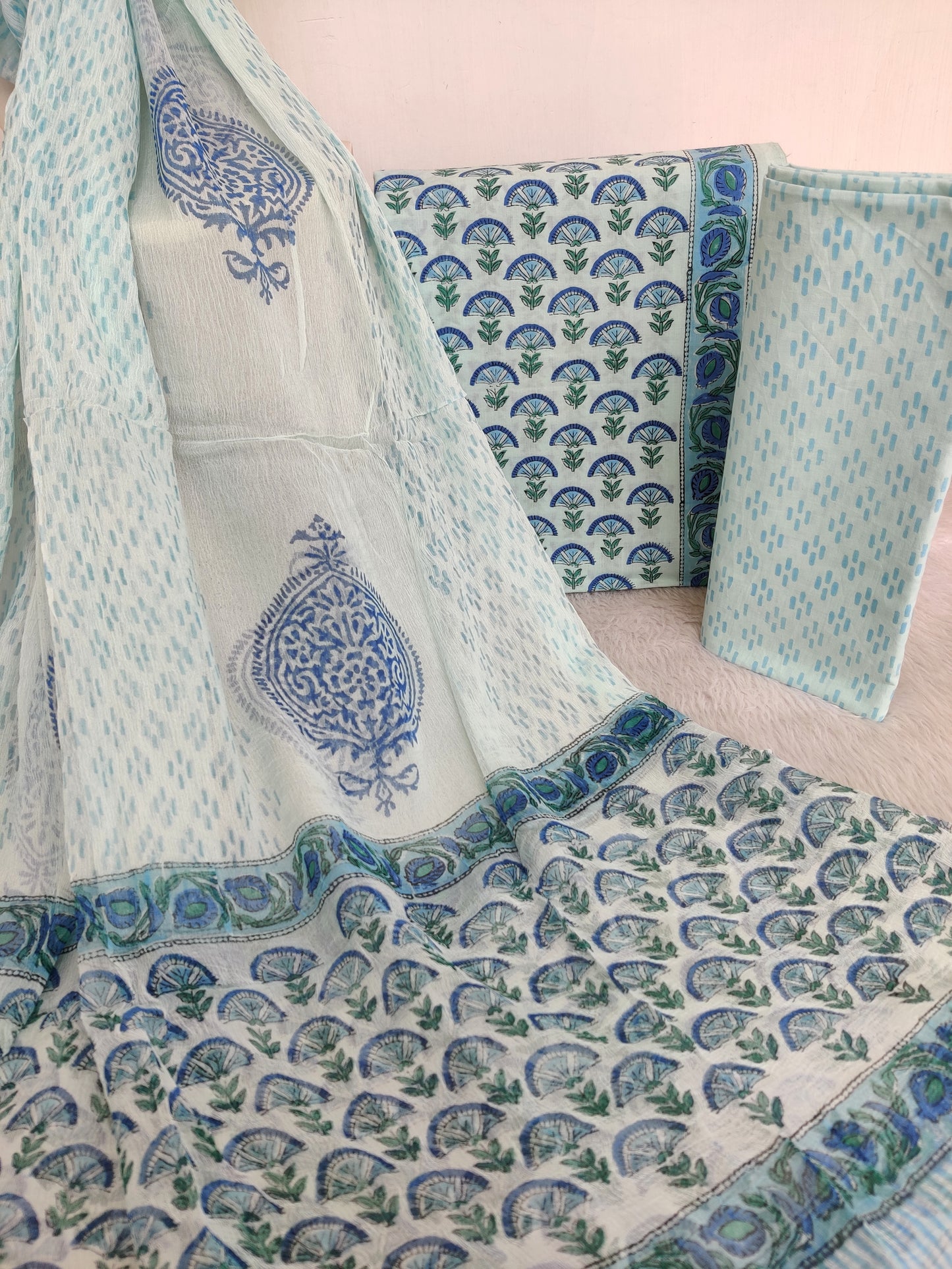 Hand Block Printed Cotton Suit with Pure Chiffon dupatta