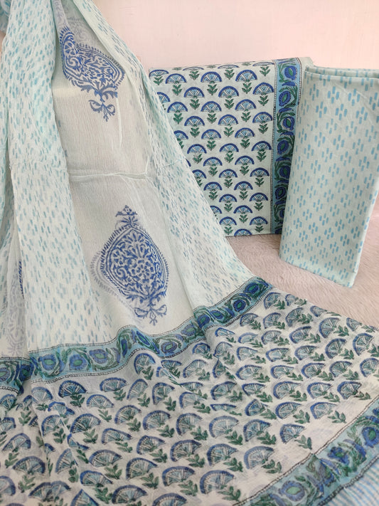 Hand Block Printed Cotton Suit with Pure Chiffon dupatta