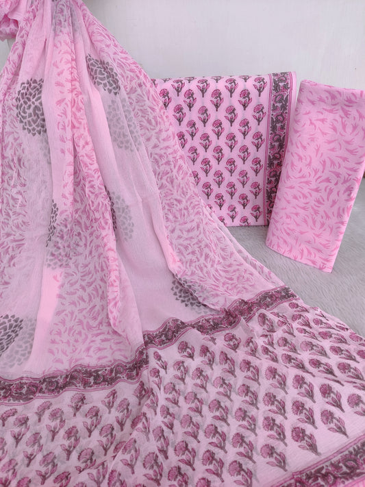 Hand Block Printed Cotton Suit with Pure Chiffon dupatta