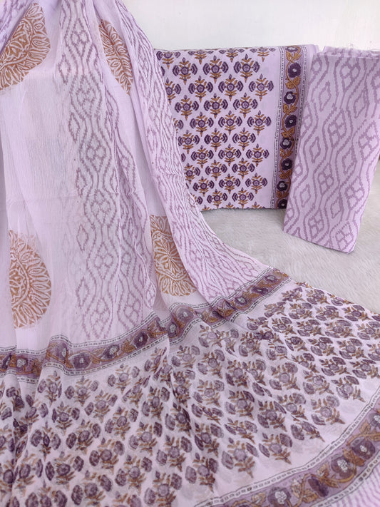 Hand Block Printed Cotton Suit with Pure Chiffon dupatta