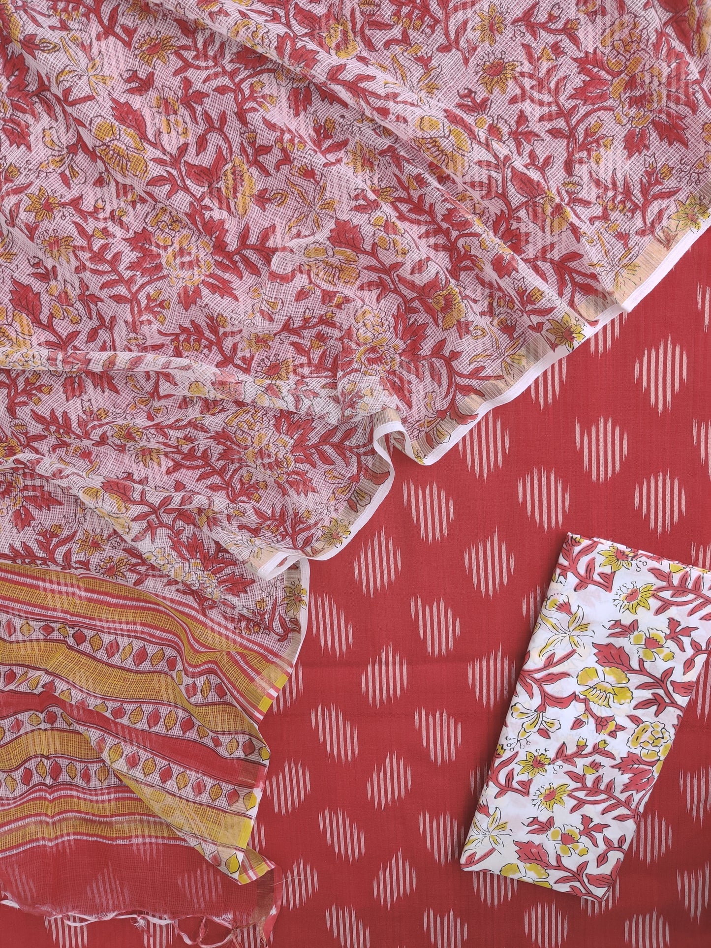 Handloom Weave Ikat Suit with Kota Doria Dupatta